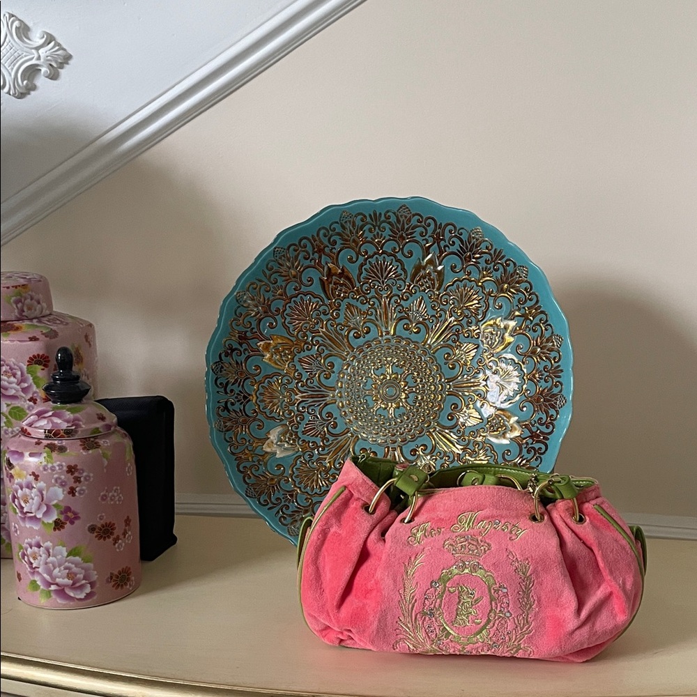 Juicy Couture Pink Suede Mini Bag with Green Trim and Gold Crest